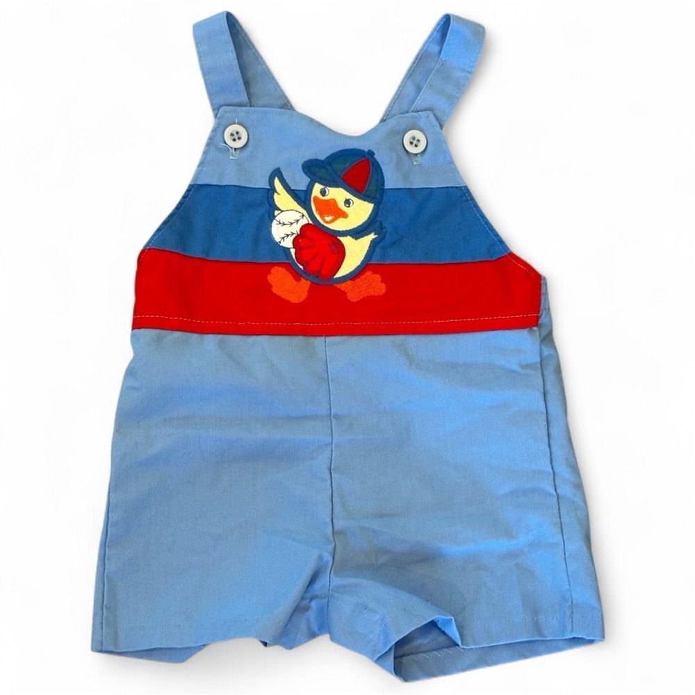 Rare Vintage Healthtex Overalls 18 Month Romper Shortall Duck Baseball Embroider